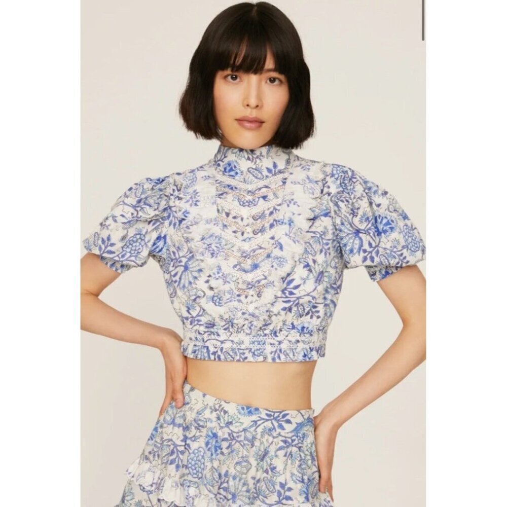 Hemant & Nandita Blue White Floral Puff Sleeve Ruffle Crop Top Boho Large